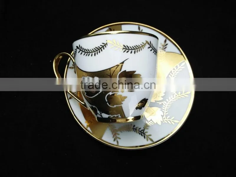 Fine china electric porcelain tea cup and saucer set golden printing cup and saucer cheap