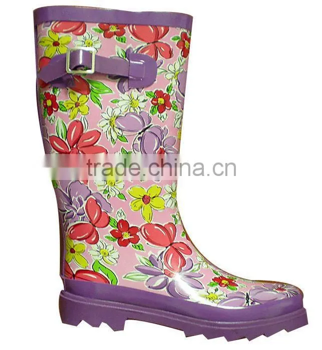 ladies rubber mature flower pattern rain boots