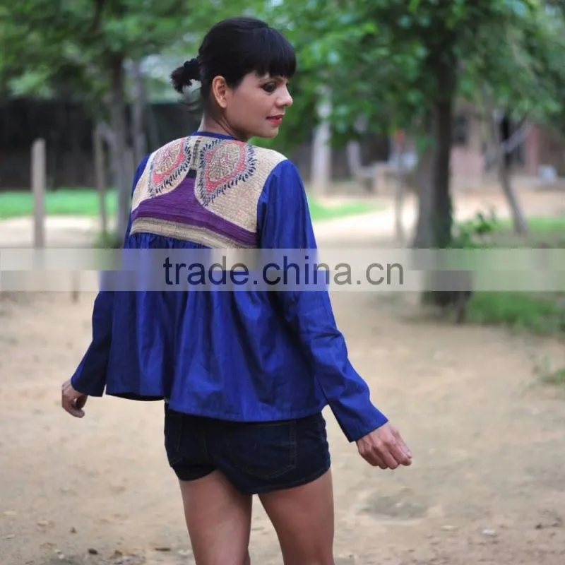Denim Jacket in Kediyu Style with Vintage Kantha Fabric ~ Medium
