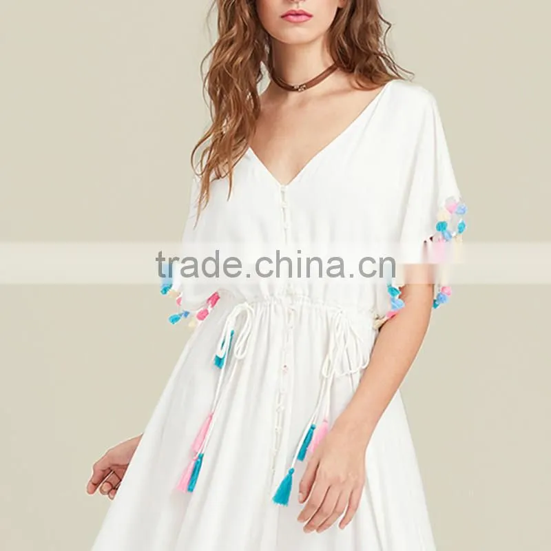 Designer tassel trim boho dress, women white deep V-neck maxi dress