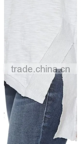 Classic Slubbed jersey 100% cotton V Neck Top long sleeve women t shirt with split asymmetrical hem