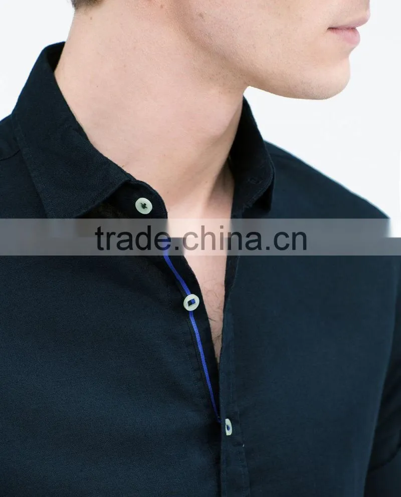 2015 linen cotton classic collar solid color contrast ribbon breathable fabric latest design for holiday