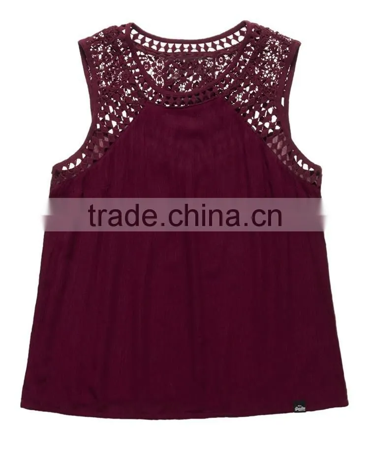 2017 Guangzhou Shandao Custom Logo New Fancy Style Women Summer Wine Red Chiffon Round Neck Sexy Sleeveless Top Photos