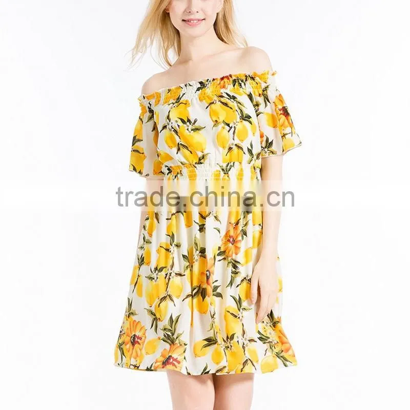 Summer Ladies Latest Fashion Boat Neck Printed Chiffon Dress Designs Women Off Shoulder Casual Dress