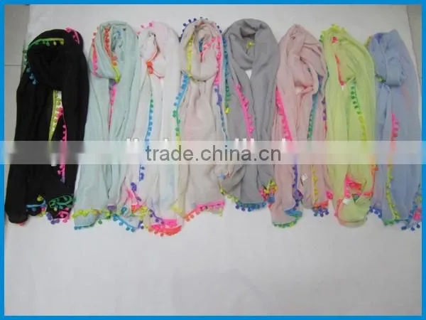 Turkey hot selling lady's fashion long plain color scarf with rainbow ball