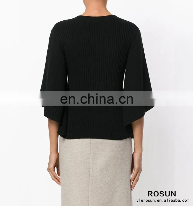 Women crew neck cashmere bat sleeves knitted ribbed top