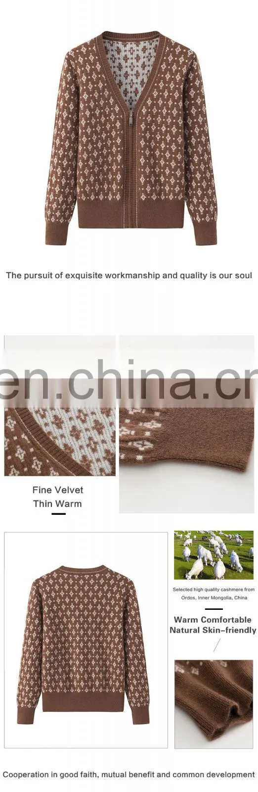 Wholesale Women's Full Zip Cardigan Jacquard Knitted Cashmere V-Neck Sweater Zipper Sweater