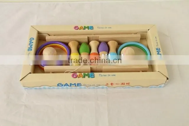 New fashion three in one wooden toy ring toss bowling fishing game