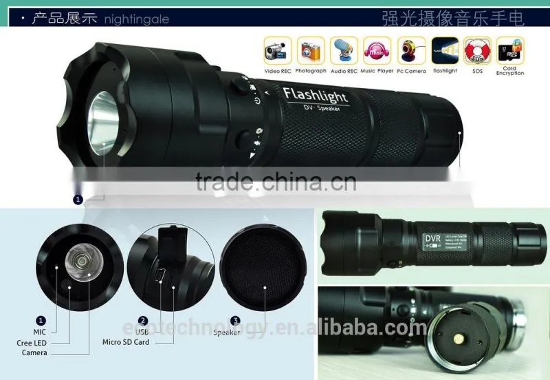 Music Waterproof LED HD 720P Flashlight Camera with Music Player,Sports Camera FL003