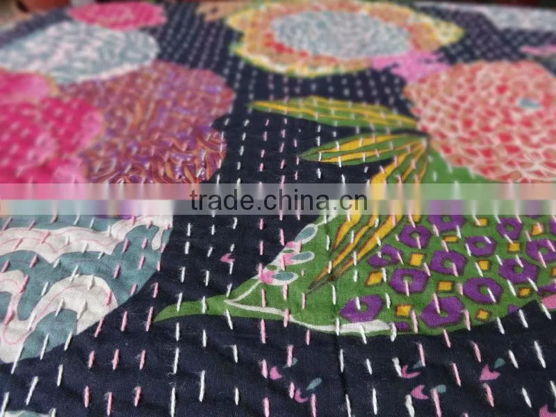 Tropical Kantha Handmade Quilt, Queen Size Reversible Kantha Bedding, Handstiched By Artisians of India, Hand Art Kantha Work