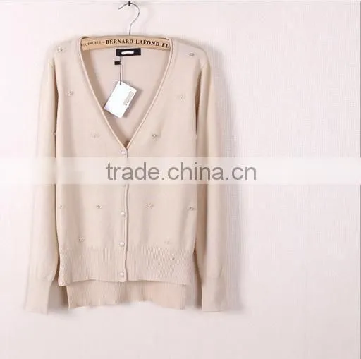 2014 new style woman pearl clasp v-neck cardigan