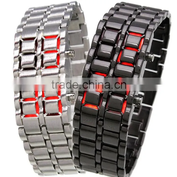 Men Women Lava Iron Samurai Metal LED Digital Faceless Wrist Watch Bracelet