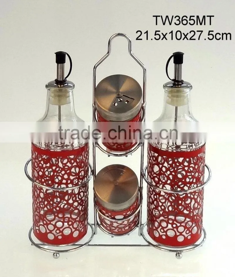 TW567T 6pcs glass spice jar set with metal casing and rack