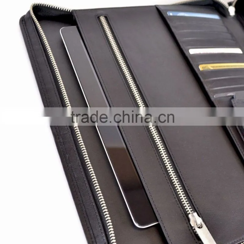leather zippered writing portfolio, leather tablet portfolio with smartphone pocket