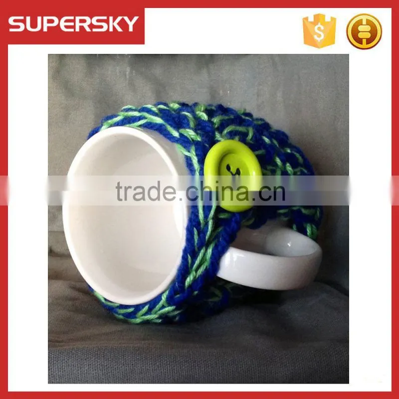 V-65 Blue and green crochet knit sleeve warmer cup mug sweater with greeen button