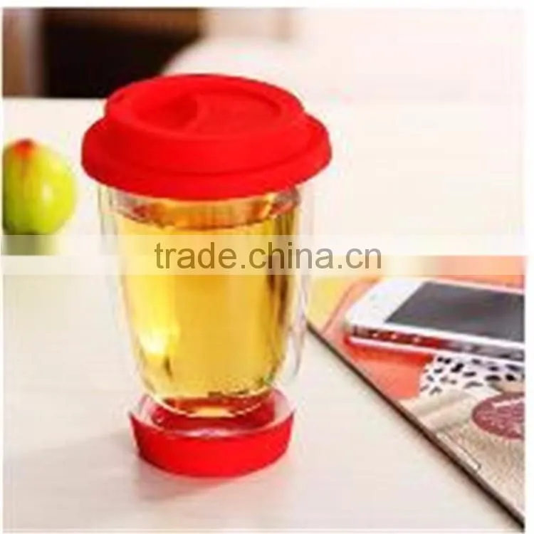 Pure mouth blowing high borosilicate heat-resistant 350ml glass cup with plastic lid and bottom