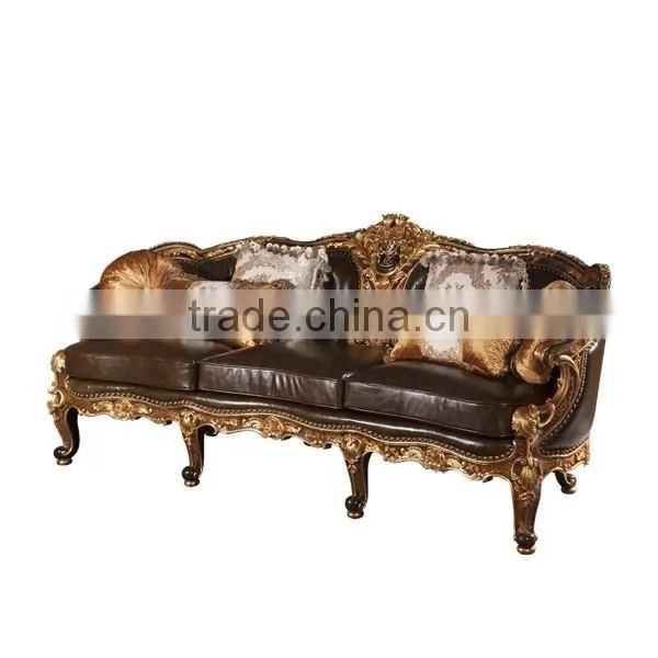 Vintage Living Room Leather Sofas, Exquisite Hand Painting Sectional Sofa Set, Classic Wood Carving Living Rroom Furniture Set