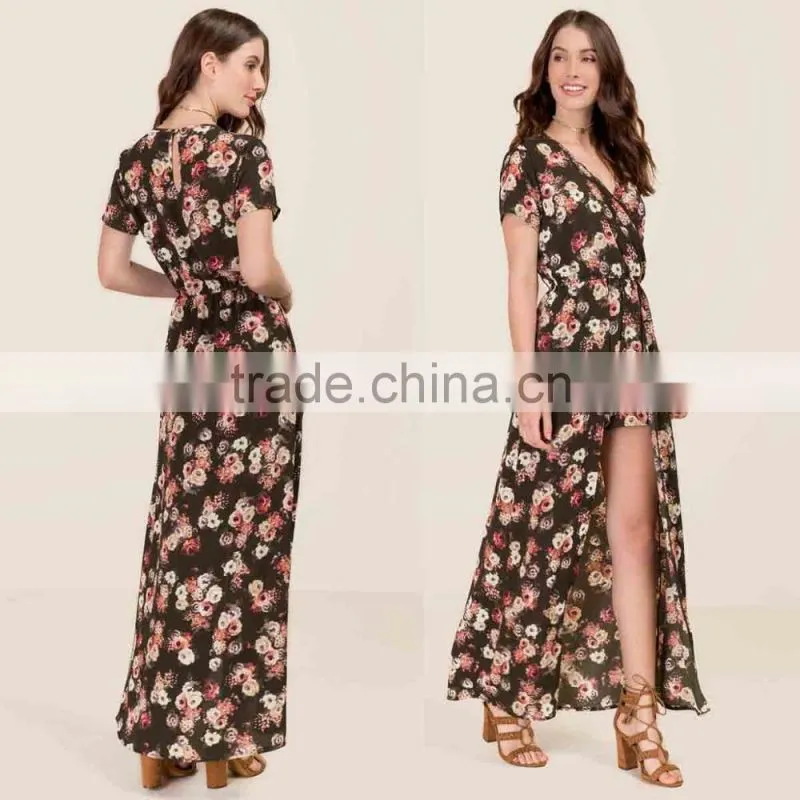 Custom Private Label Fashion Summer Western American Style Adult Woman Floral Print Chiffon Long Skirted Romper