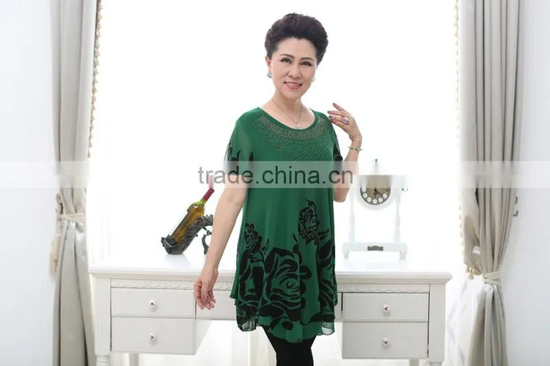 Middle aged women fashion beaded lace loose printed blouse
