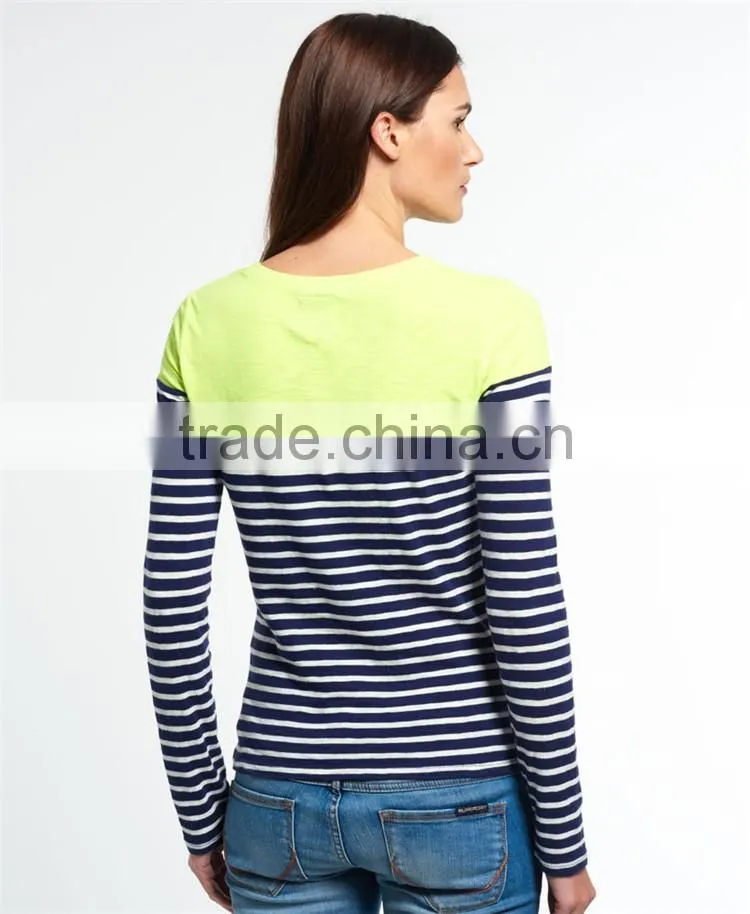 2016 Guangzhou Shandao High Fashion Design Autumn Long sleeve Round Neck Striped Printed Cotton Ladies Elastic Hem Tops