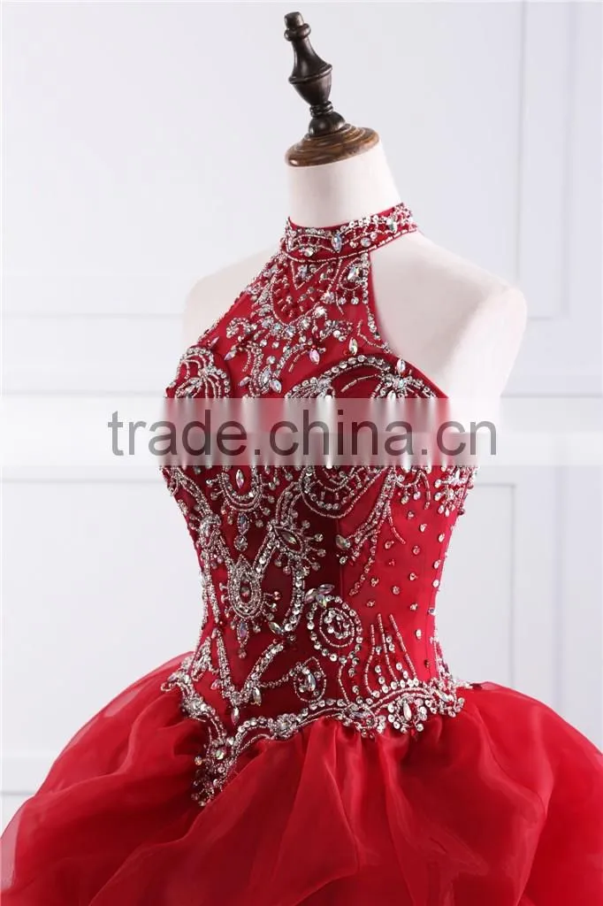2018 Dramatic Quinceanera Dress Neck line Beaded Appliques Red Organza quinceanera gowns ED025201