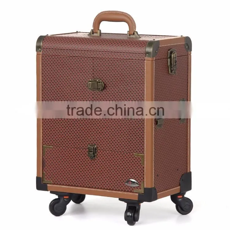Hot selling professional cosmetic rolling PVC trolley case 360 degree makeup case with wheels