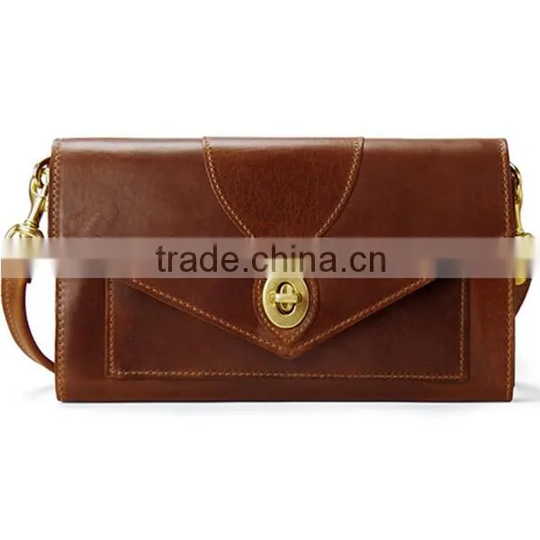 2016 gray color casual leather flap with hardware closure lady clutch bag
