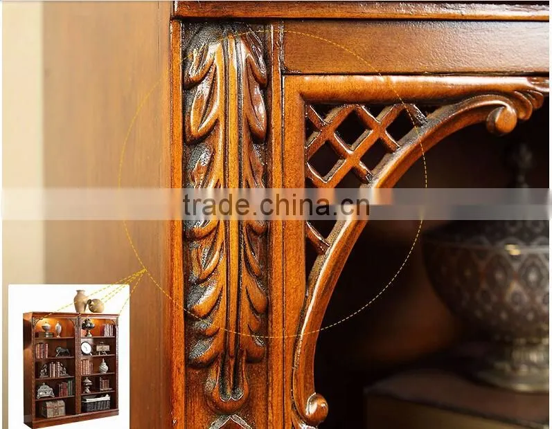 Rubber wood bookshelf sideboard with handmade carving AI-206