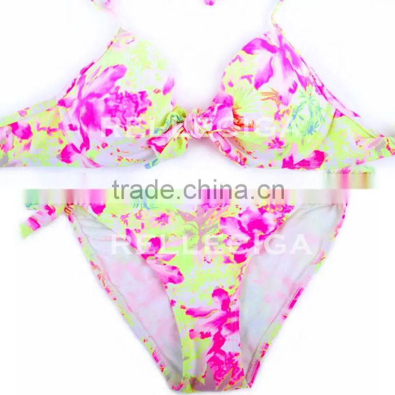 RELLECIGA Young Girl Bikini Swimwear - New High Contrast Floral Blooming Pattern Halter Top & Side-tie Bikini Set