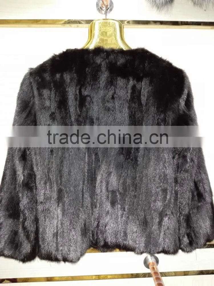 Mink fur coat with silver fox collar for women winter