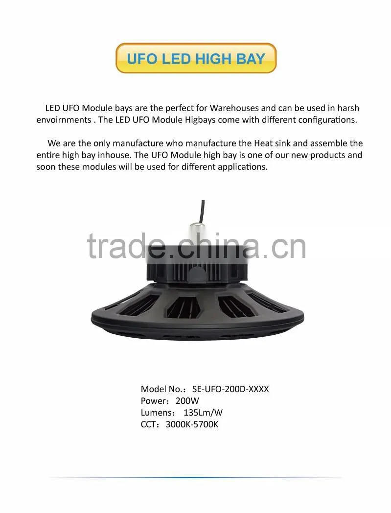 200W led industrial lighting 135Lms/W 5years warranty UL DLC TUV cetified ip65 UFO led high bay lighting