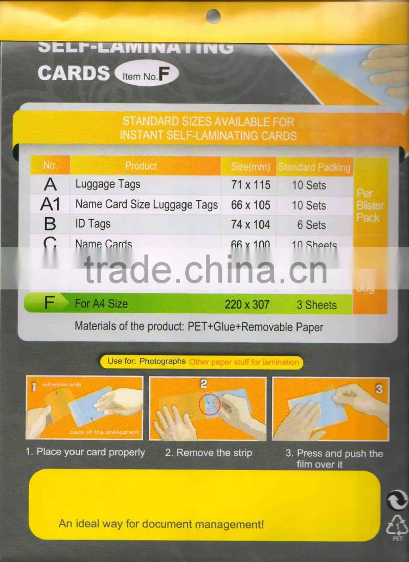 A4 self-sealing laminating film/self-laminating film pouches for photo, document