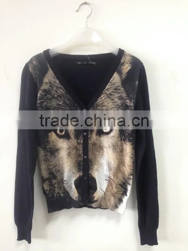 Women's V-neck no hand feeling reactive printing 100% cotton cardigan sweater