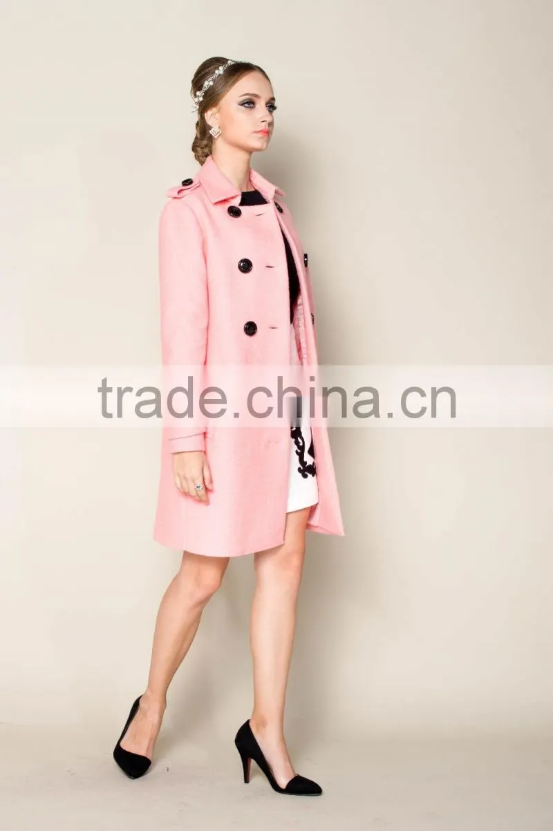 latest 2015 thick warm lovely pink women office coat with double breasted design