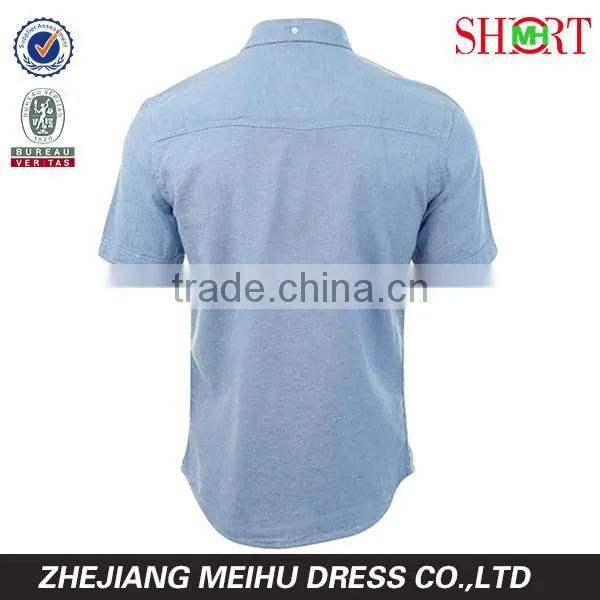 2016 Linen Chambray Mens button down short sleeve casual shirt for summer