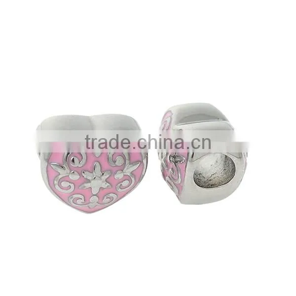 304 Stainless Steel European Style Large Hole Charm Beads Heart Silver Tone Fleur-De-Lis Carved Pink Enamel About 13mm x 12mm