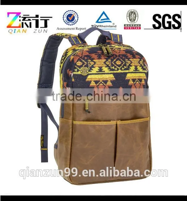 Khaki Brown Aztec Canvas and Leather Trim Computer Shoulder Backpack Bags