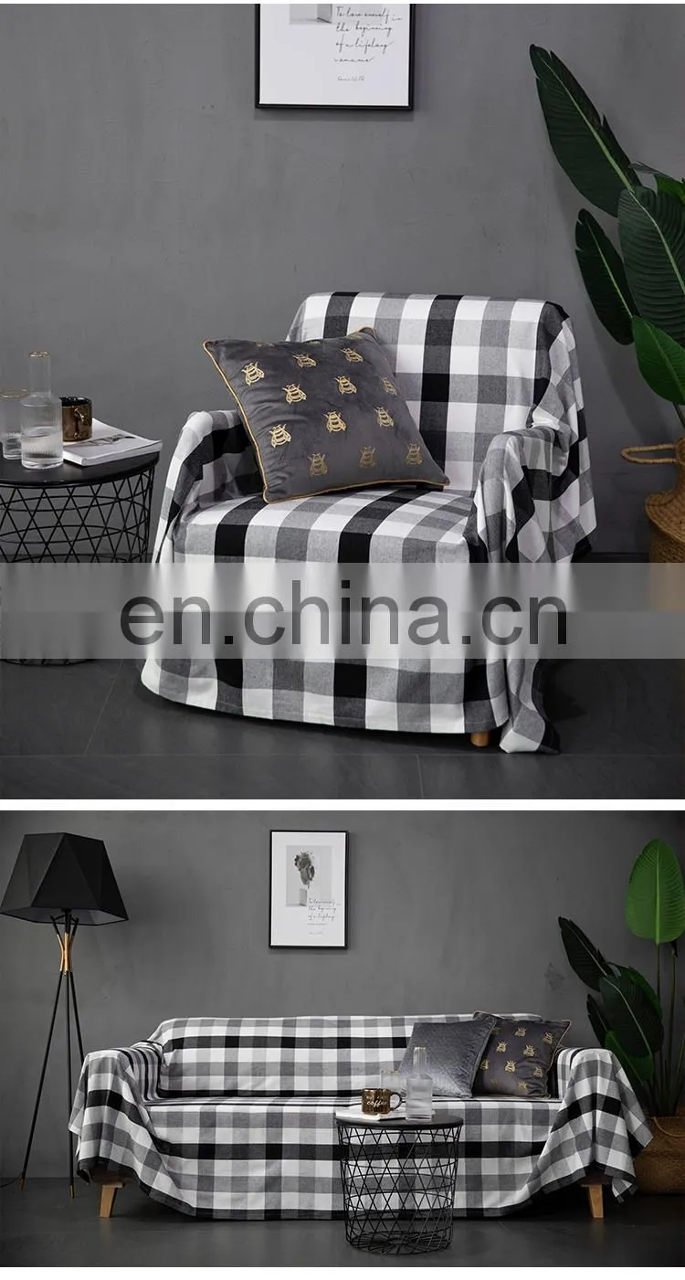 Custom black and white checker sofa protector cover 100% cotton soft plush couch cover