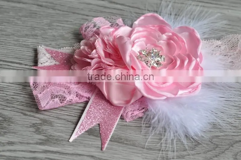 factory hot sale stain chiffon rosette flower girls headwear handmade lace elastic headbands for kids