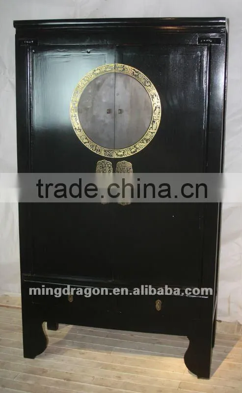Chinese antique furniture pine wood black two door two drawer wardrobe