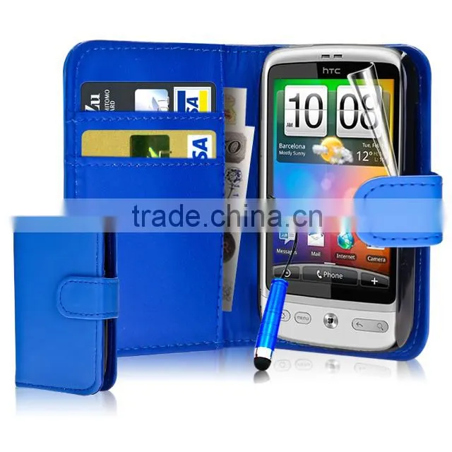 Set Screen Protector Stylus And Case For HTC Desire C , Dark Blue Leather Wallet Waterproof Case For HTC Desire