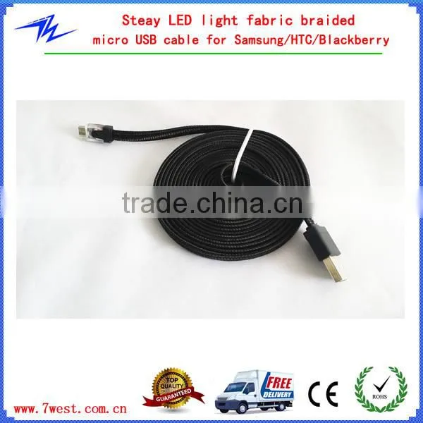 2M 6ft Flat Noodle Micro USB Sync Charger Data Cable Nylon Braided Cord With LED Light for iPhone Android Smartphones