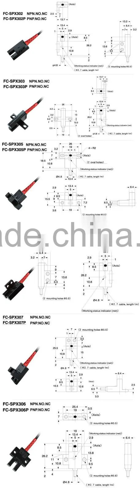 FC-spx300 series Fork Sensor, Groove Sensor/Slot Sensor , U shape sensors, 5mm slot, Different Install Way
