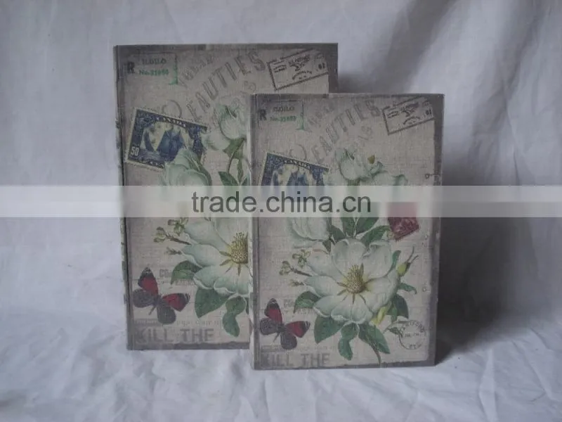 antique wooden book box with linen printing covered