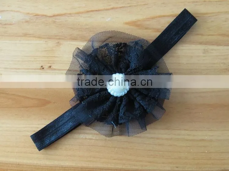 lace flower headband with pearl rhinestone in center for kids hair accessories