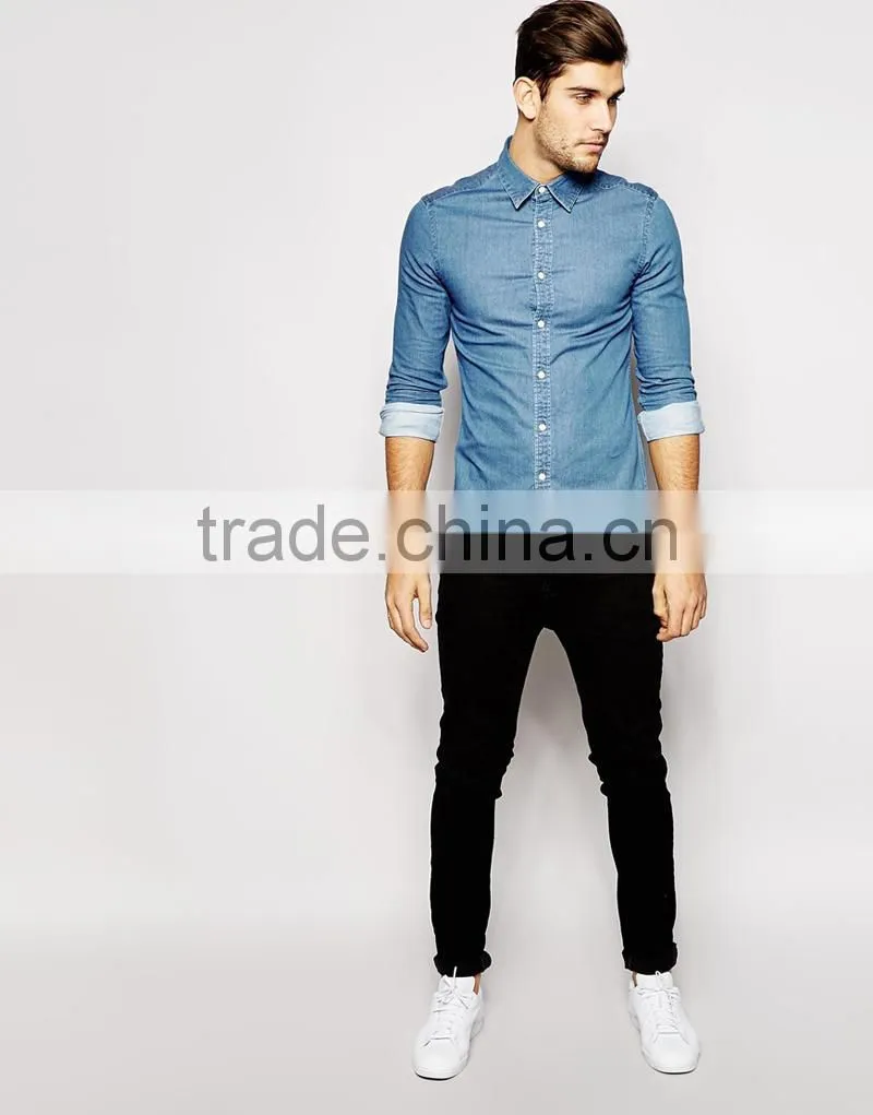Skinny Denim Shirt with Long Sleeves In Mid Wash