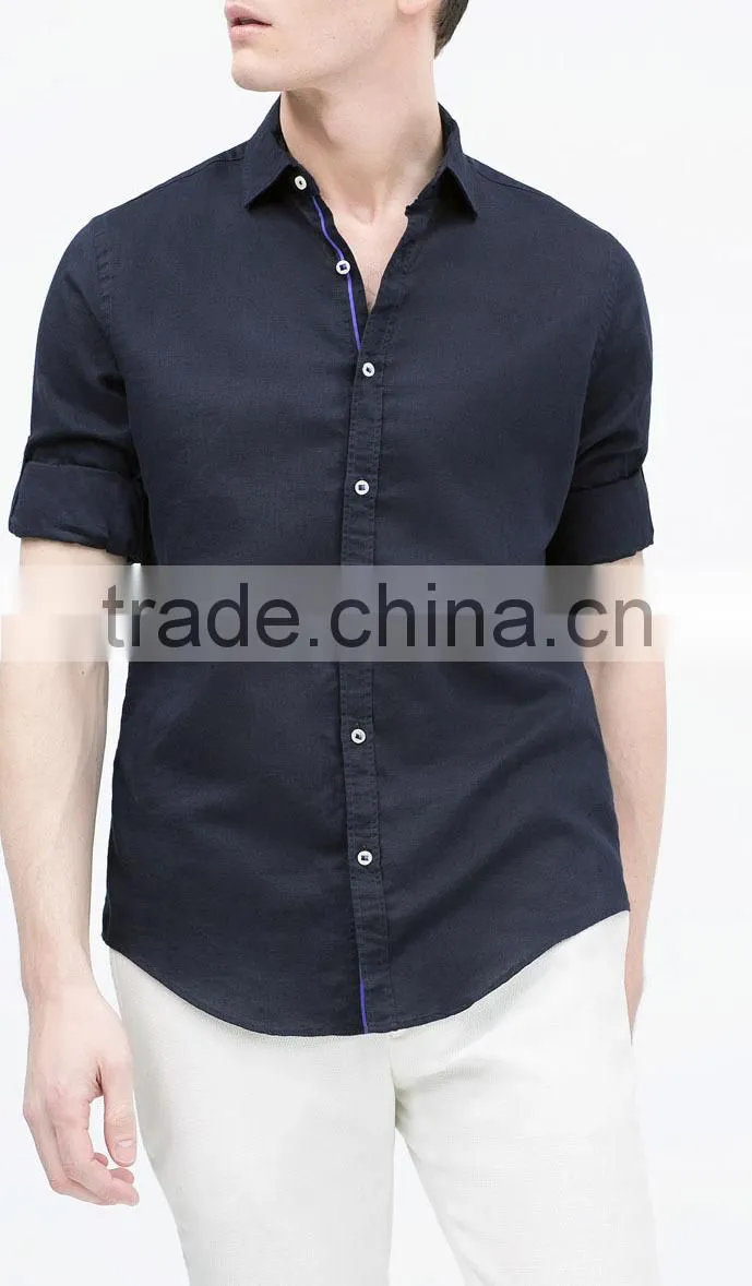 2015 linen cotton classic collar solid color contrast ribbon breathable fabric latest design for holiday