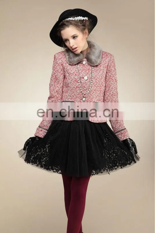 girl fur turndowm collar sigle-breasted high waist short length woolen coats