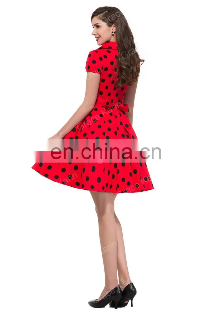 Grace Karin Girls Polka Dot Dress Cotton Cheap Short Sleeve Vintage Dress Rockabilly Dress CL6089-3#