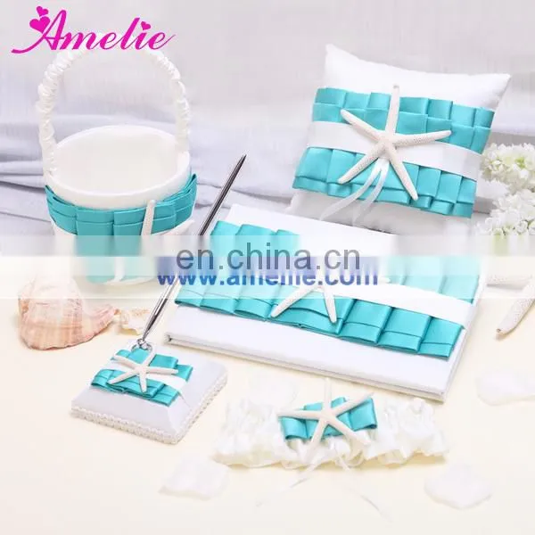 New Turquoise Wedding Sets(Wedding guest book and pen holder,flower basket,ring pillow,garter)